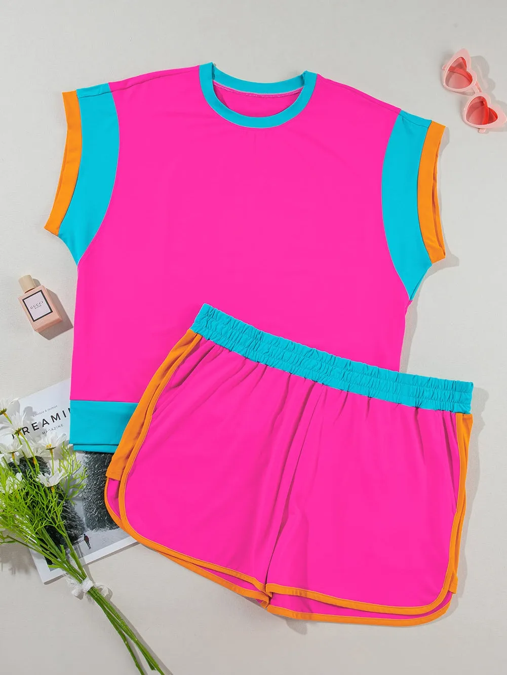 Bright Pink Shorts Set with Orange and Teal Trim