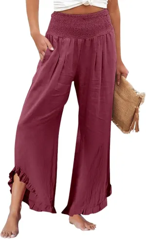 Capri Pants for Women,Linen Pants Women Wide Leg Summer Flowy Stretchy Womens Palazzo Sweatpants Elastic Waist