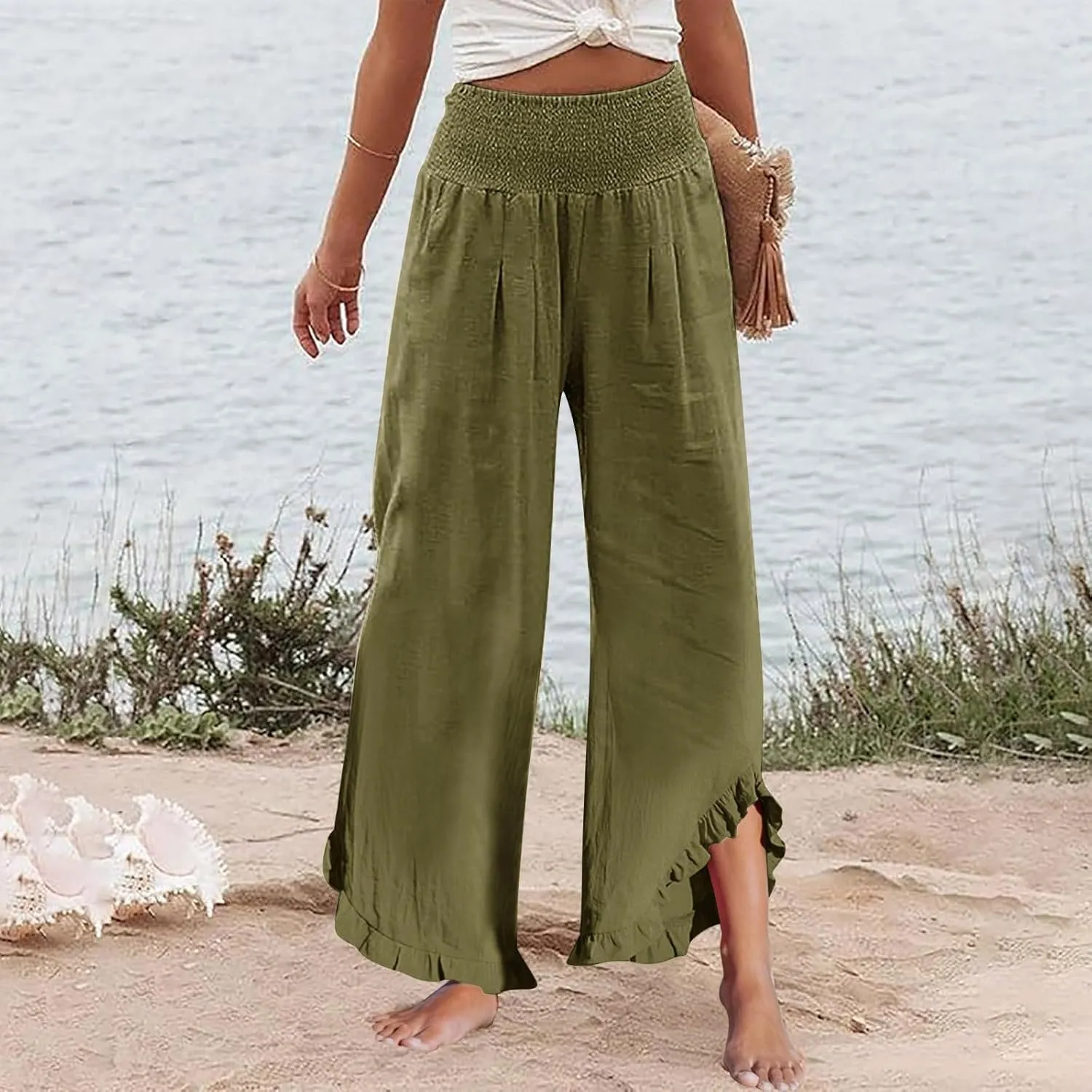 Capri Pants for Women,Linen Pants Women Wide Leg Summer Flowy Stretchy Womens Palazzo Sweatpants Elastic Waist