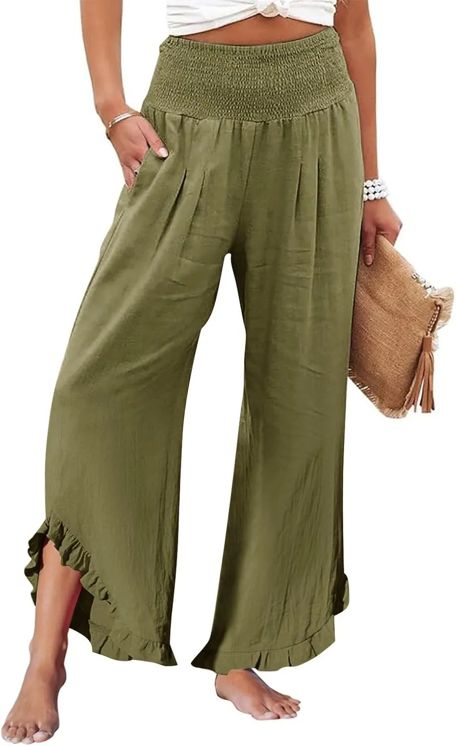 Capri Pants for Women,Linen Pants Women Wide Leg Summer Flowy Stretchy Womens Palazzo Sweatpants Elastic Waist