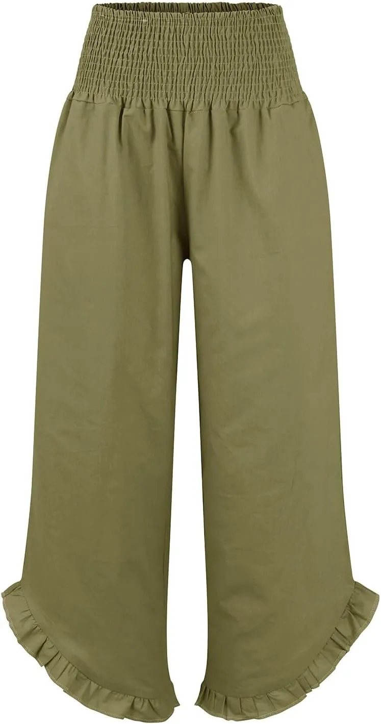 Capri Pants for Women,Linen Pants Women Wide Leg Summer Flowy Stretchy Womens Palazzo Sweatpants Elastic Waist