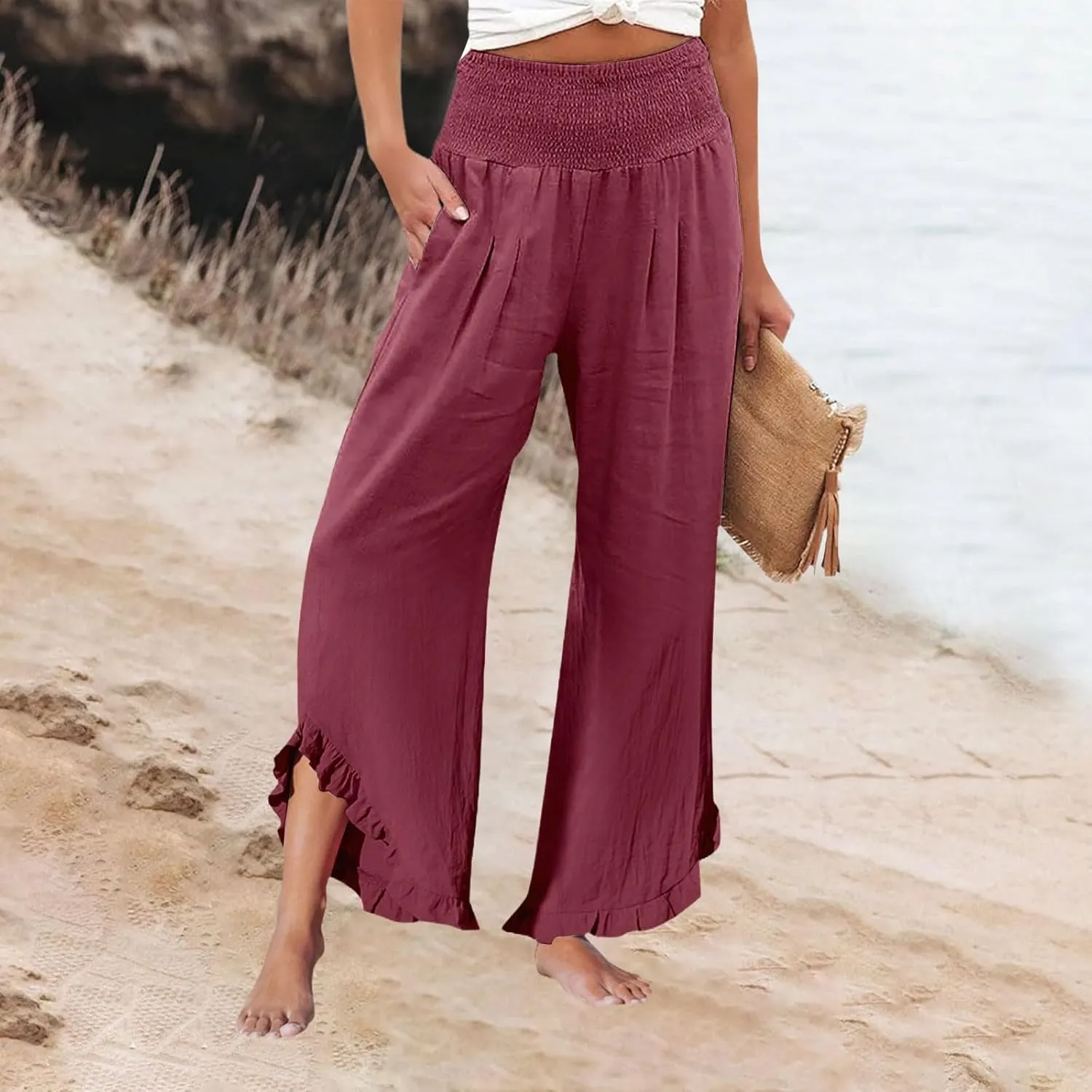 Capri Pants for Women,Linen Pants Women Wide Leg Summer Flowy Stretchy Womens Palazzo Sweatpants Elastic Waist