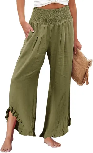 Capri Pants for Women,Linen Pants Women Wide Leg Summer Flowy Stretchy Womens Palazzo Sweatpants Elastic Waist