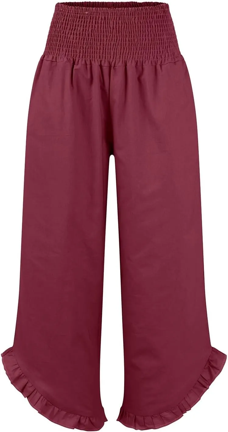 Capri Pants for Women,Linen Pants Women Wide Leg Summer Flowy Stretchy Womens Palazzo Sweatpants Elastic Waist