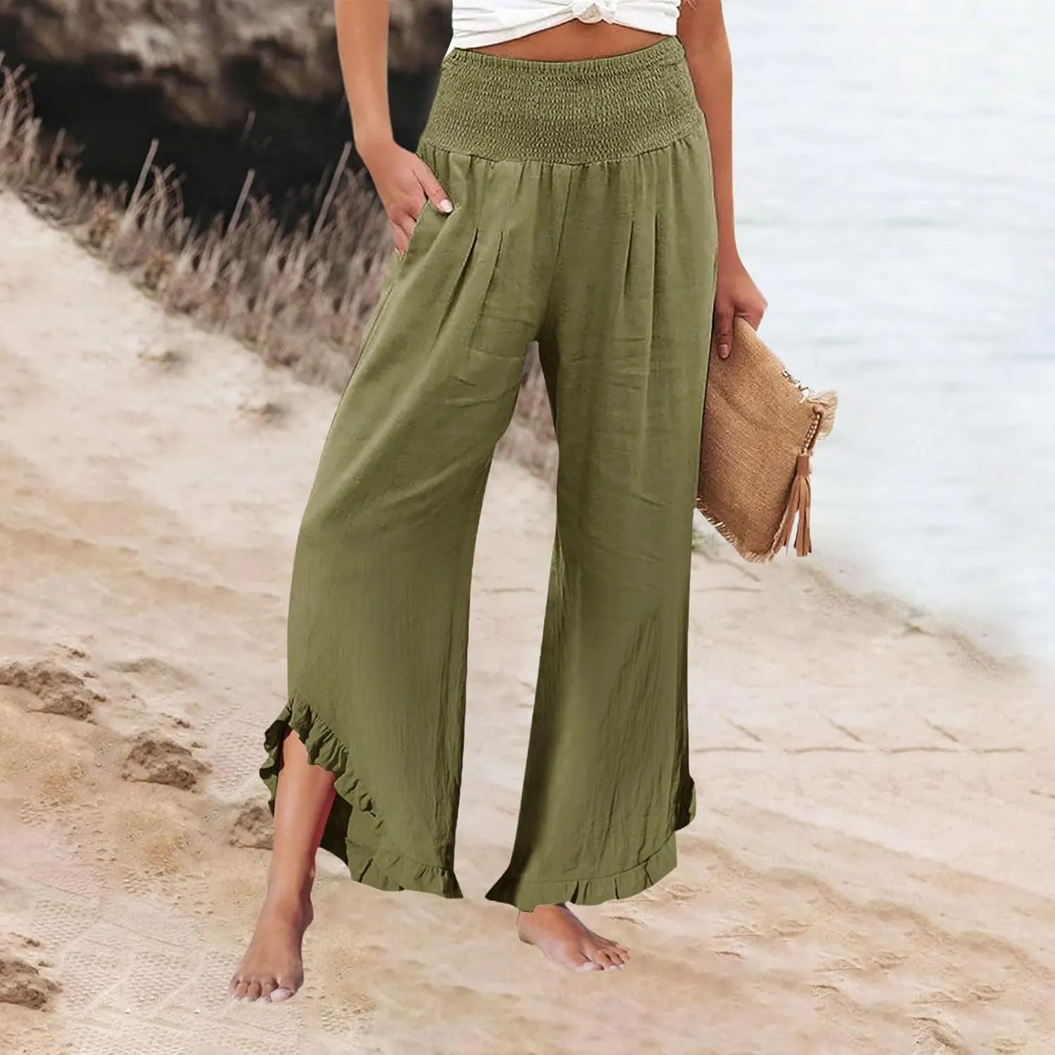 Capri Pants for Women,Linen Pants Women Wide Leg Summer Flowy Stretchy Womens Palazzo Sweatpants Elastic Waist