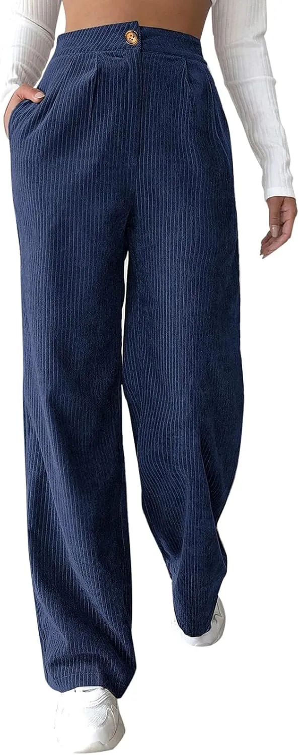 Casual Straight Pants for Women Solid Color Wide Leg Baggy Pant Loose Fit High Rise Elastic Waist Trouser with Pocket