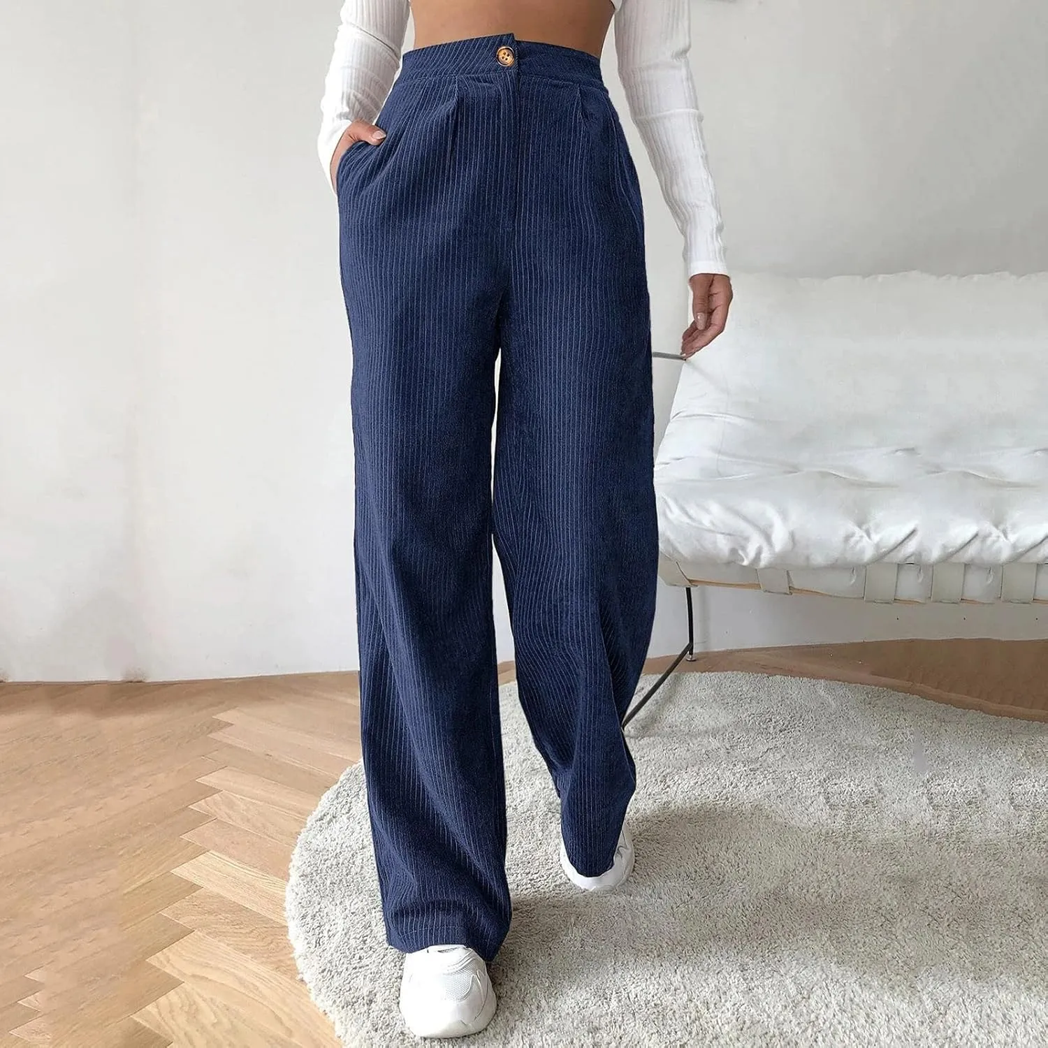 Casual Straight Pants for Women Solid Color Wide Leg Baggy Pant Loose Fit High Rise Elastic Waist Trouser with Pocket