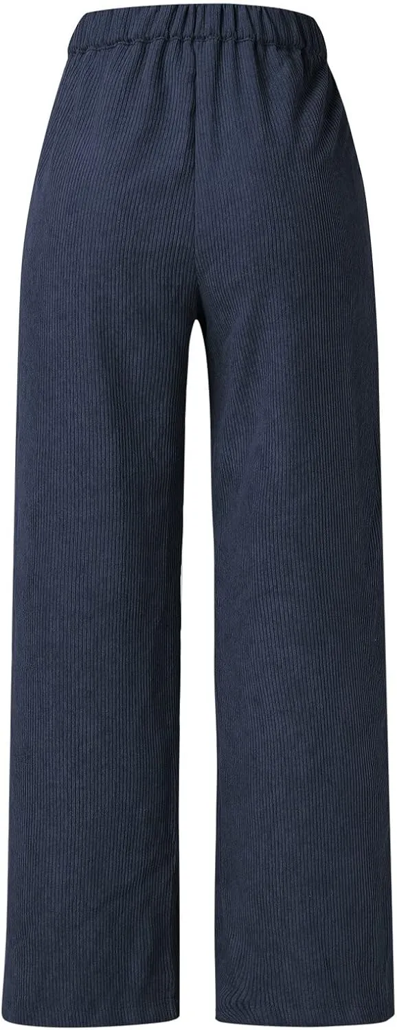 Casual Straight Pants for Women Solid Color Wide Leg Baggy Pant Loose Fit High Rise Elastic Waist Trouser with Pocket