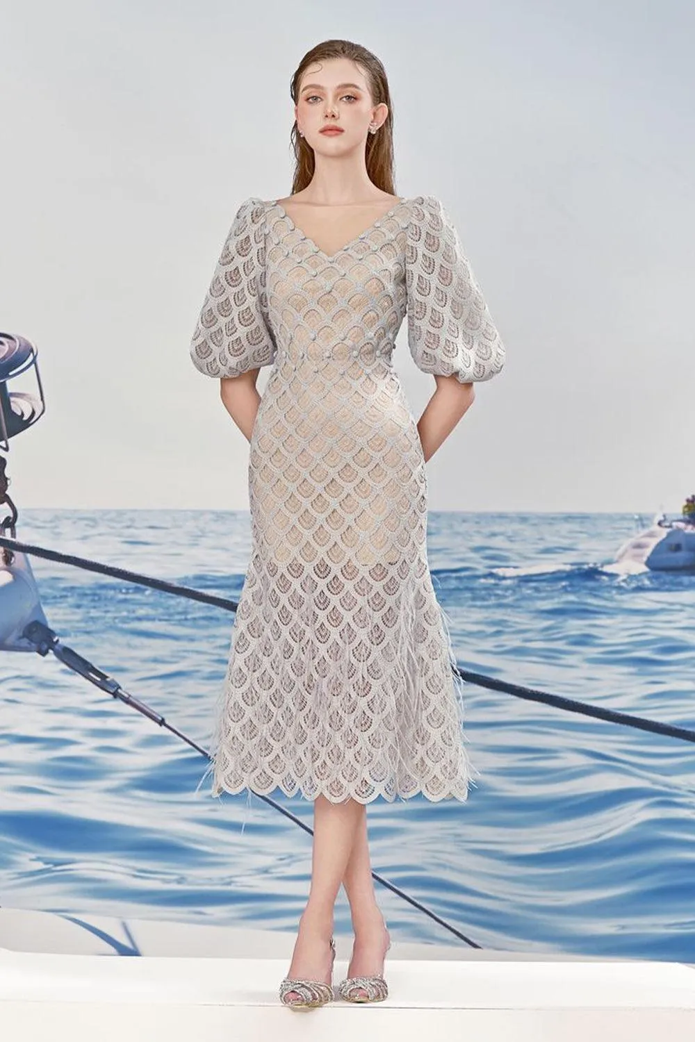 Ciara Trumpet Bishop Sleeved Lace Midi Dress