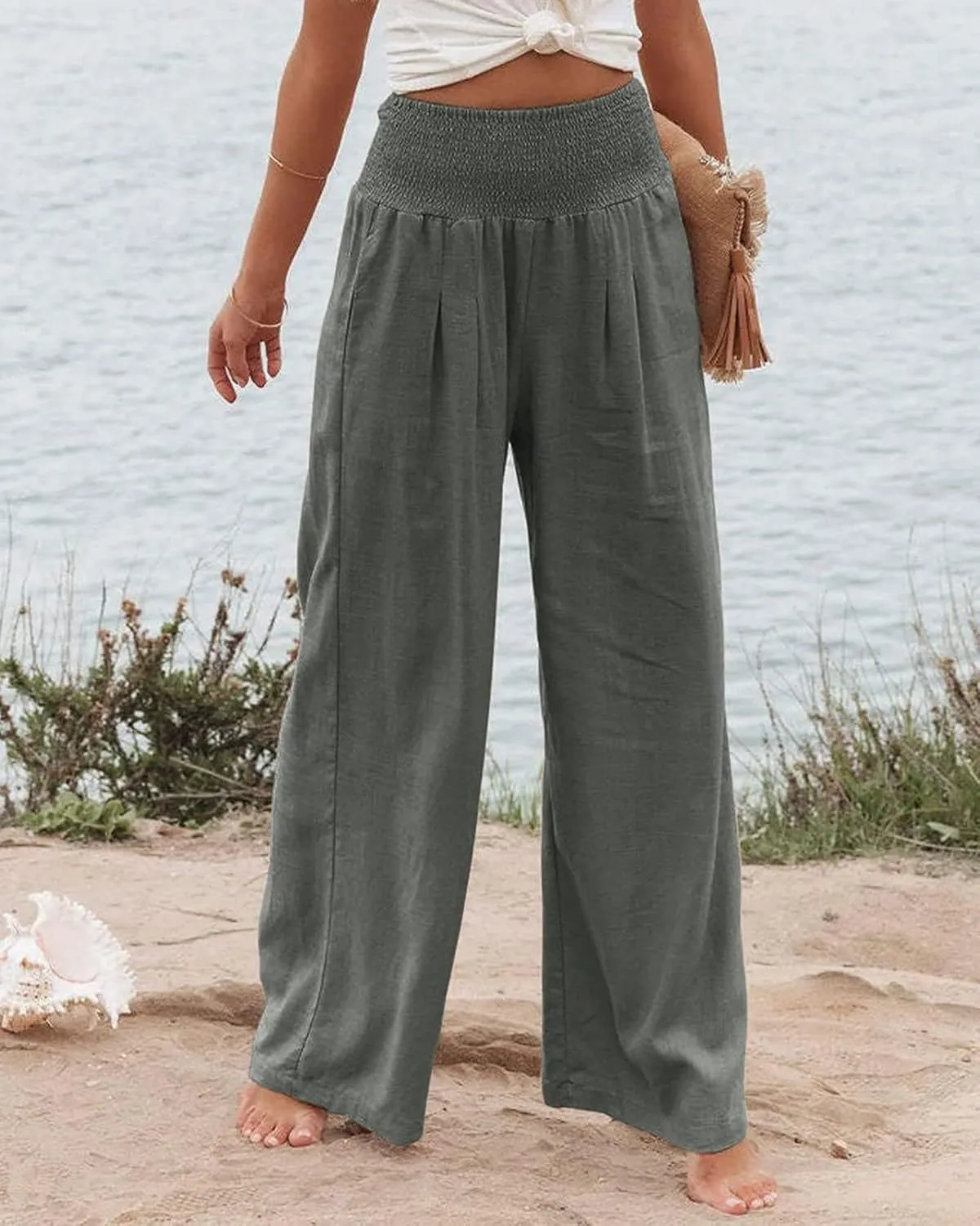 Linen Palazzo Pants for Women High-Waisted Wide Leg Pant Beach Lounge Trousers Summer Casual Flowy Pants with Pockets