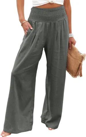 Linen Palazzo Pants for Women High-Waisted Wide Leg Pant Beach Lounge Trousers Summer Casual Flowy Pants with Pockets