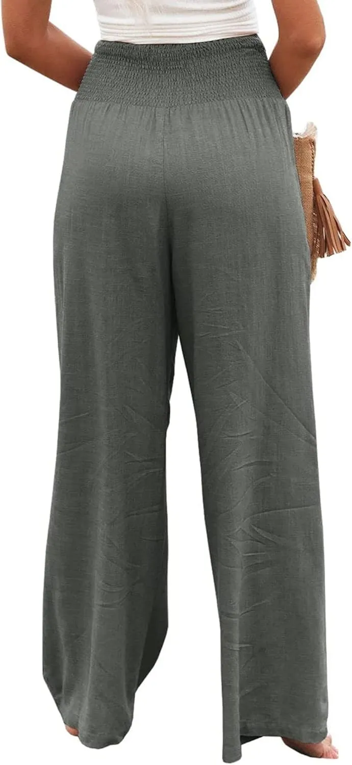 Linen Palazzo Pants for Women High-Waisted Wide Leg Pant Beach Lounge Trousers Summer Casual Flowy Pants with Pockets