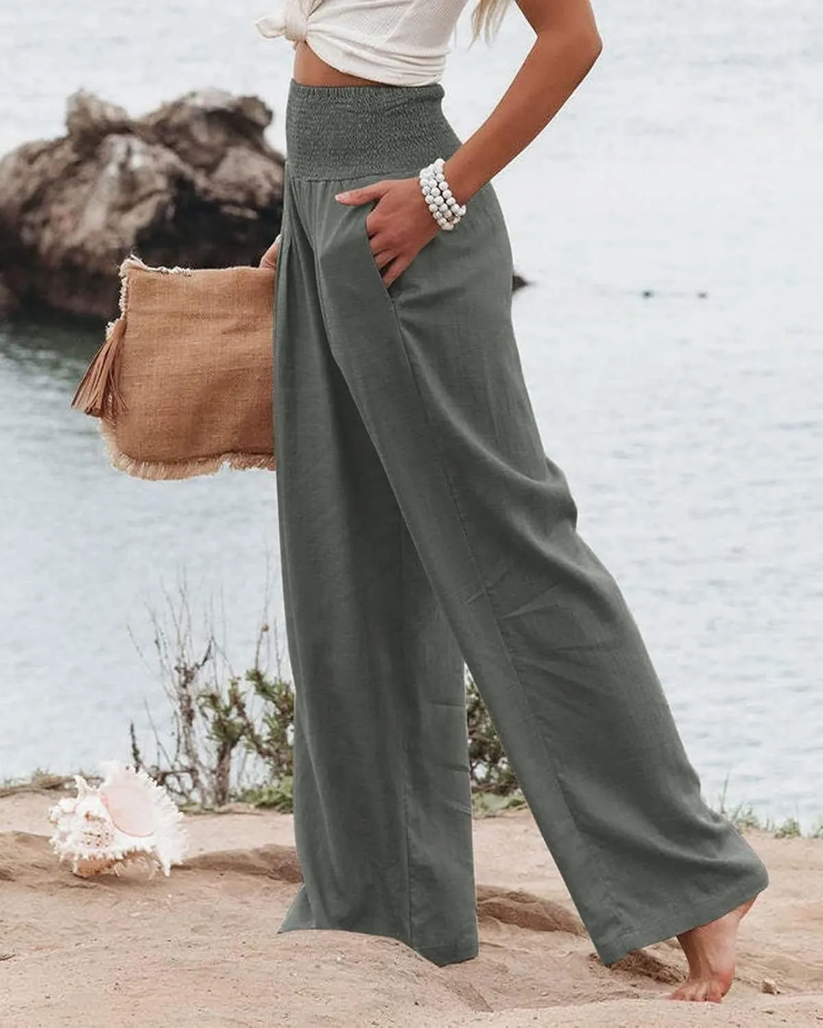 Linen Palazzo Pants for Women High-Waisted Wide Leg Pant Beach Lounge Trousers Summer Casual Flowy Pants with Pockets