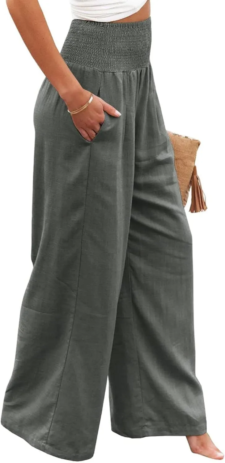 Linen Palazzo Pants for Women High-Waisted Wide Leg Pant Beach Lounge Trousers Summer Casual Flowy Pants with Pockets