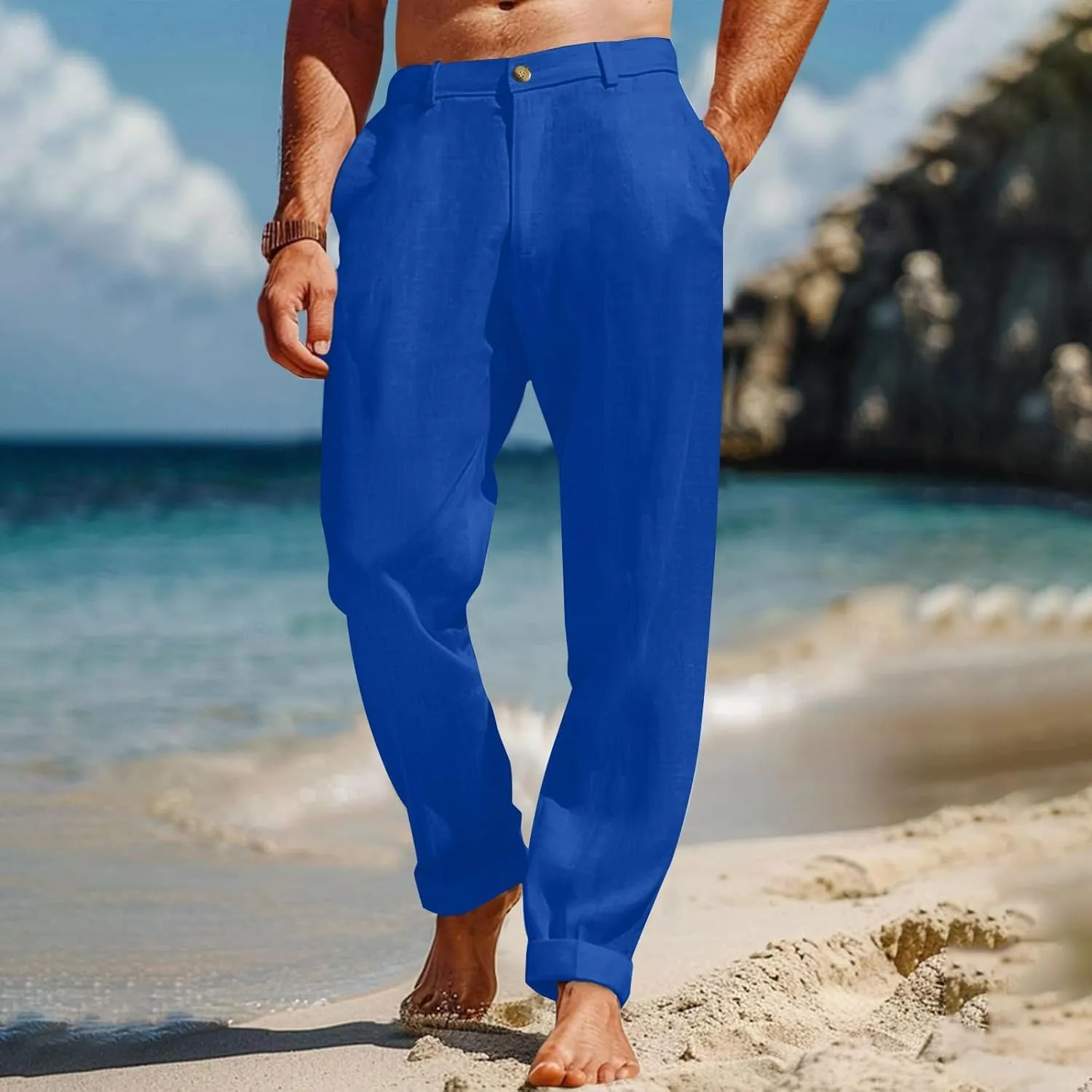 Linen Pants for Men Lightweight Beach Casual Yoga Pants Summer Vacation Hawaiian Slacks Plain Straight Leg Trousers