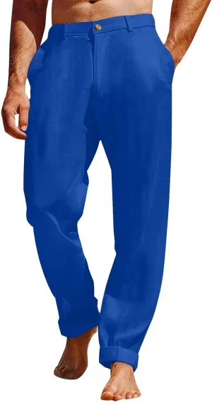 Linen Pants for Men Lightweight Beach Casual Yoga Pants Summer Vacation Hawaiian Slacks Plain Straight Leg Trousers