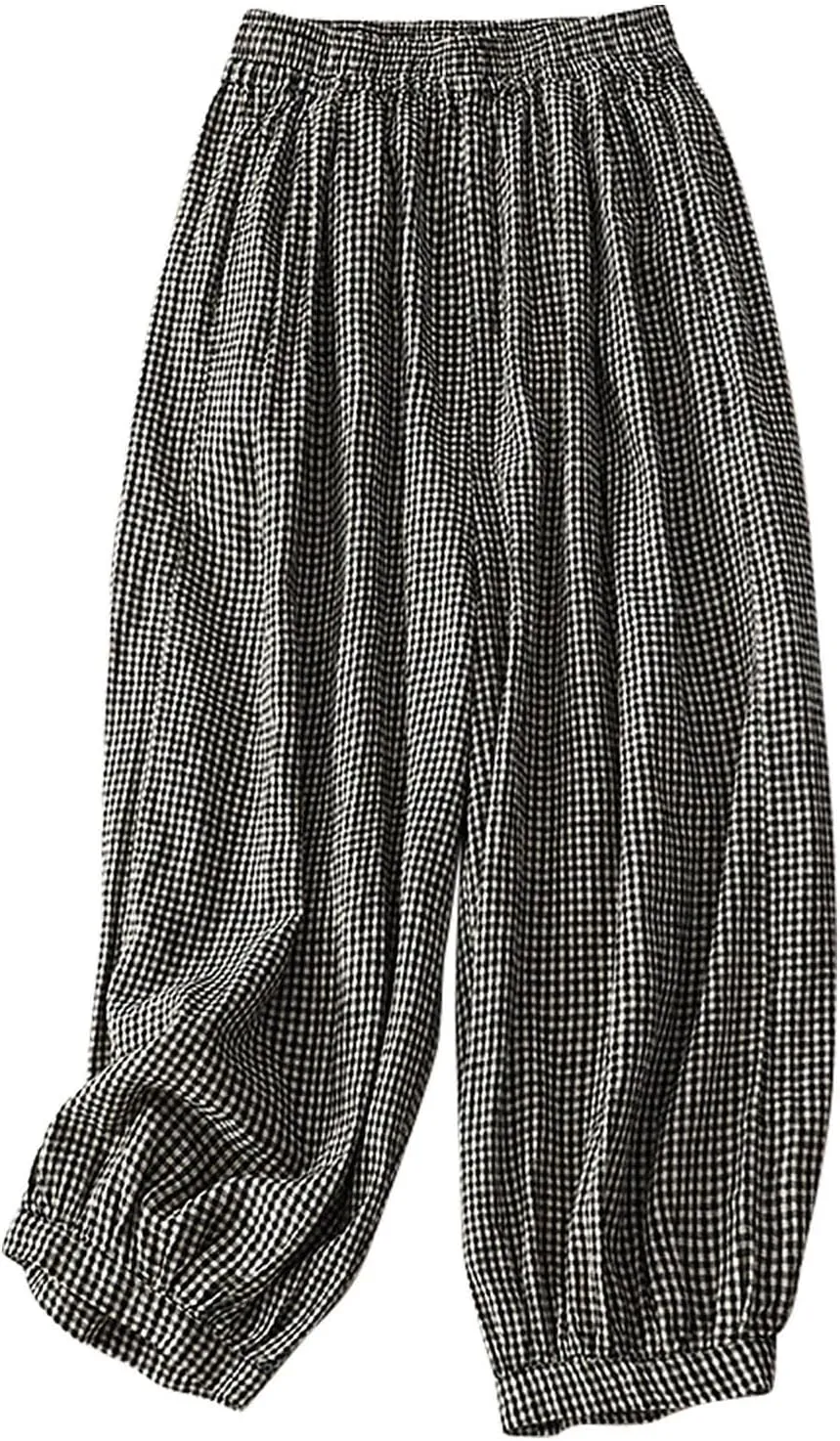 Linen Pants for Women Summer 2024 Plaid Casual Elastic High Waist Straight Leg Pants Loose Fit Trendy Beach Trousers