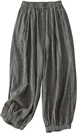 Linen Pants for Women Summer 2024 Plaid Casual Elastic High Waist Straight Leg Pants Loose Fit Trendy Beach Trousers