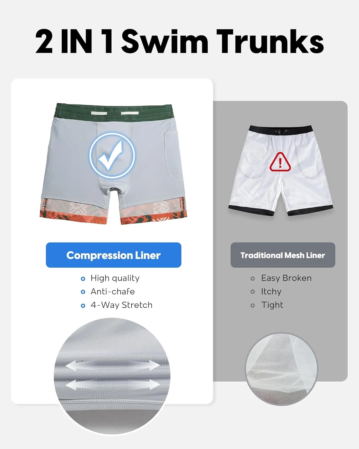 maamgic Men's Swim Trunks with Compression Liner Board Shorts Vintage Beach Shorts Quick Dry with Zipper Pockets