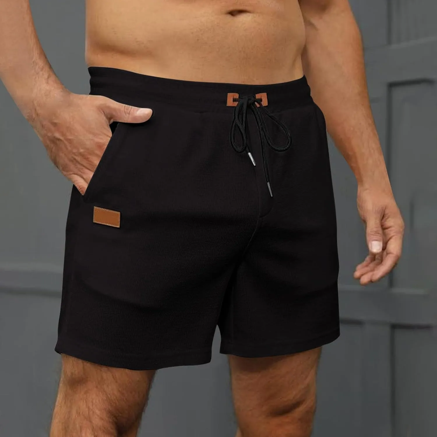 Mens Casual Shorts 5 Inch Inseam Waffle Lightweight Drawstring Elastic Waist Flat Front Chino Golf Shorts with Pockets