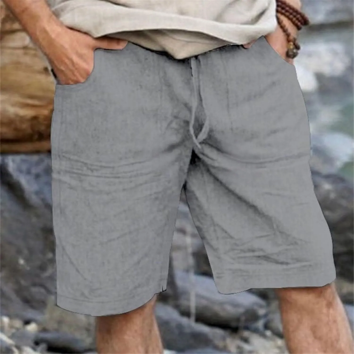 Men's Linen Shorts Summer Cotton Elastic Waist Drawstring Short Casual Beach Outfits with Pockets