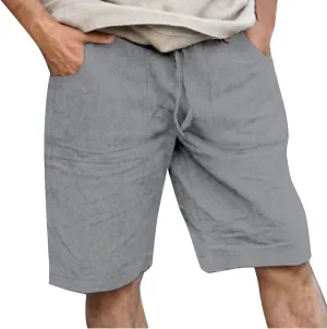 Men's Linen Shorts Summer Cotton Elastic Waist Drawstring Short Casual Beach Outfits with Pockets