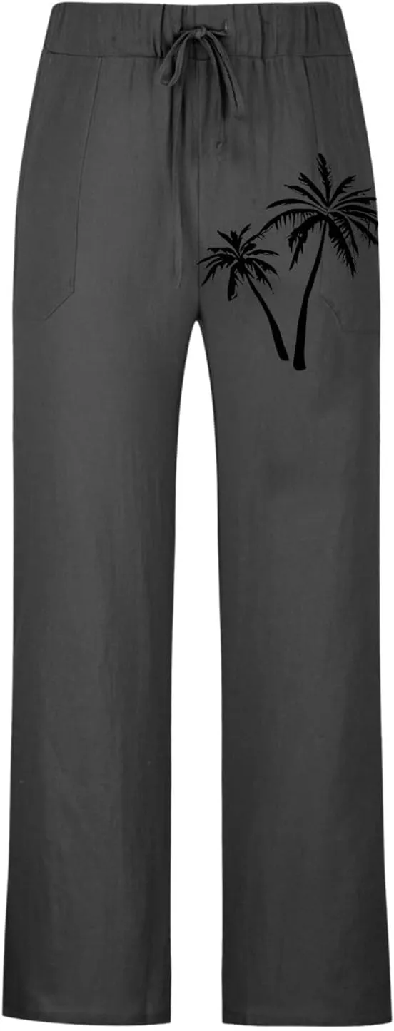 Mens Summer Cotton Linen Pants Coconut Tree Printed Straight Leg Hawaiian Pants Elastic Waist Vintage Yoga Trousers