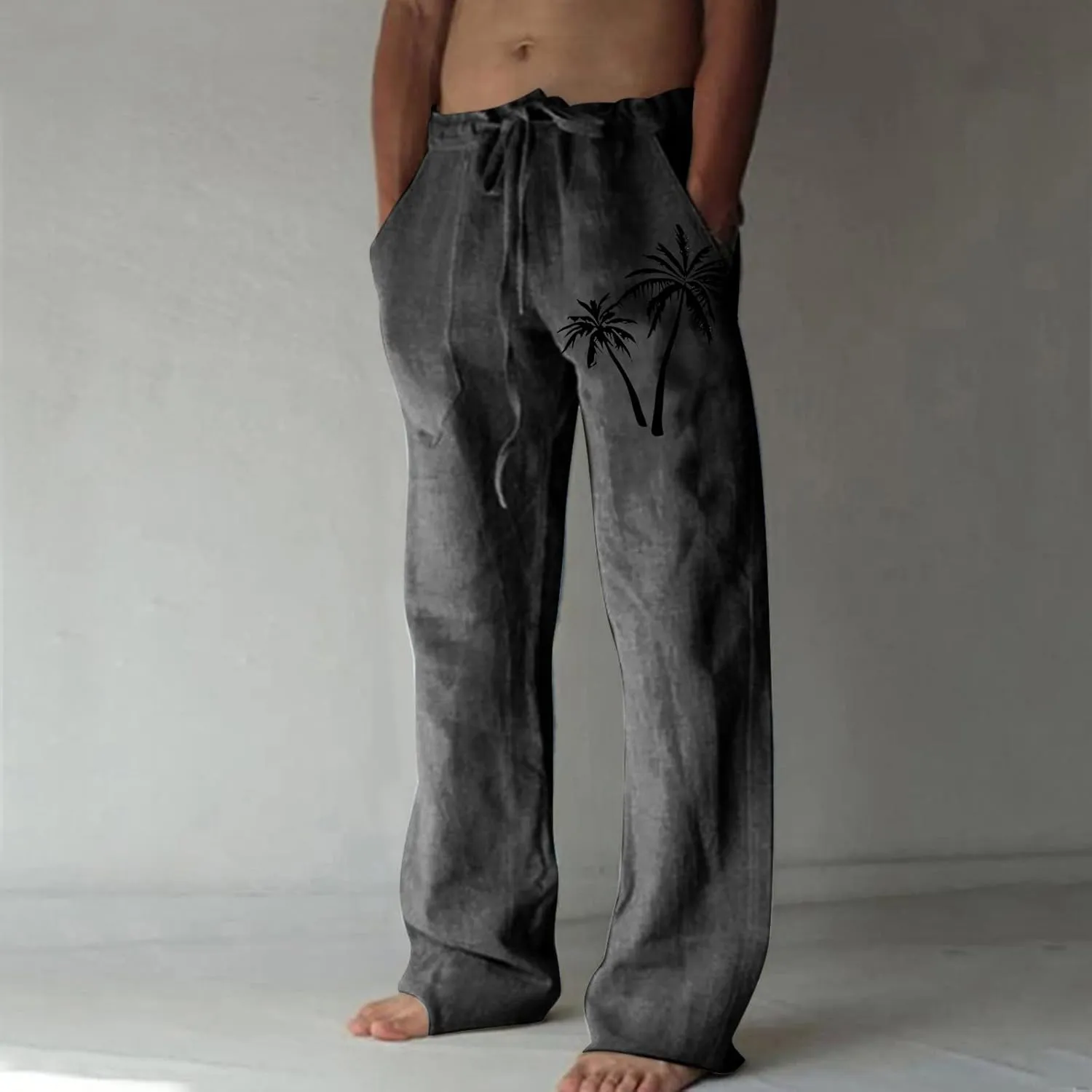 Mens Summer Cotton Linen Pants Coconut Tree Printed Straight Leg Hawaiian Pants Elastic Waist Vintage Yoga Trousers