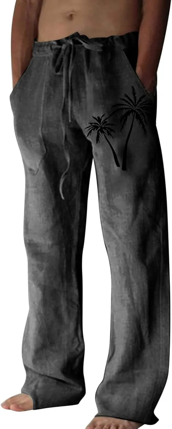 Mens Summer Cotton Linen Pants Coconut Tree Printed Straight Leg Hawaiian Pants Elastic Waist Vintage Yoga Trousers