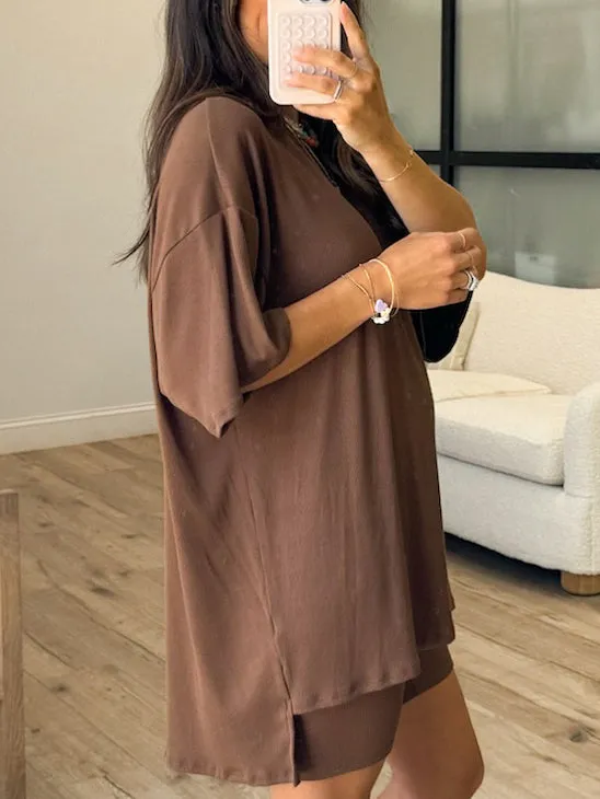 Novi Ribbed Tee   Shorts Set | Chocolate |  Plus Available | RESTOCK