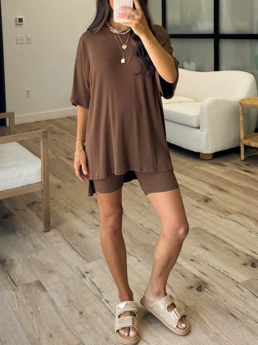 Novi Ribbed Tee   Shorts Set | Chocolate |  Plus Available | RESTOCK