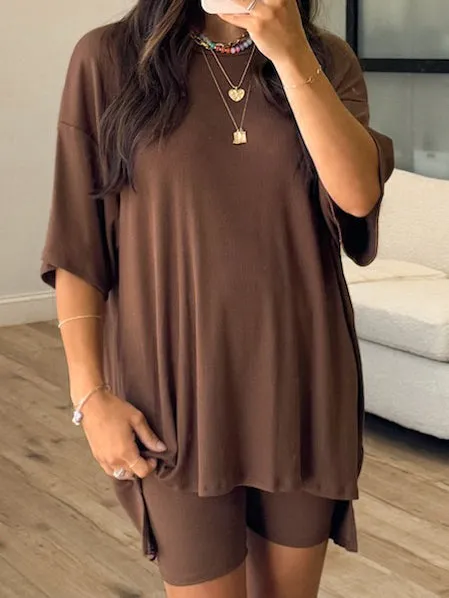 Novi Ribbed Tee   Shorts Set | Chocolate |  Plus Available | RESTOCK