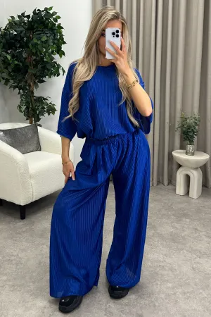 Rosalia Royal Blue Plisse Oversized Top and Wide Leg Trousers Co-Ord Set