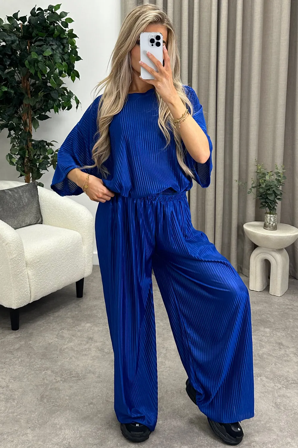 Rosalia Royal Blue Plisse Oversized Top and Wide Leg Trousers Co-Ord Set