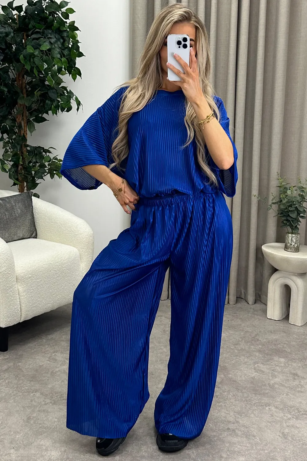 Rosalia Royal Blue Plisse Oversized Top and Wide Leg Trousers Co-Ord Set