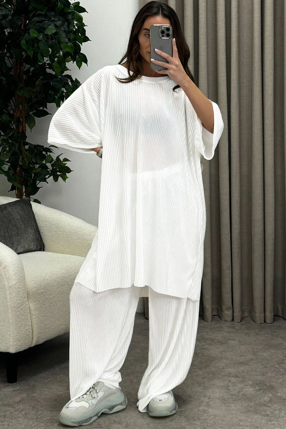 Rosalia White Plisse Oversized Top and Wide Leg Trousers Co-Ord Set
