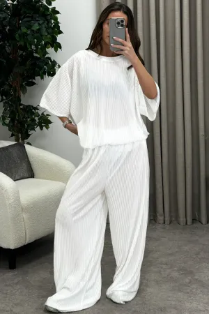 Rosalia White Plisse Oversized Top and Wide Leg Trousers Co-Ord Set