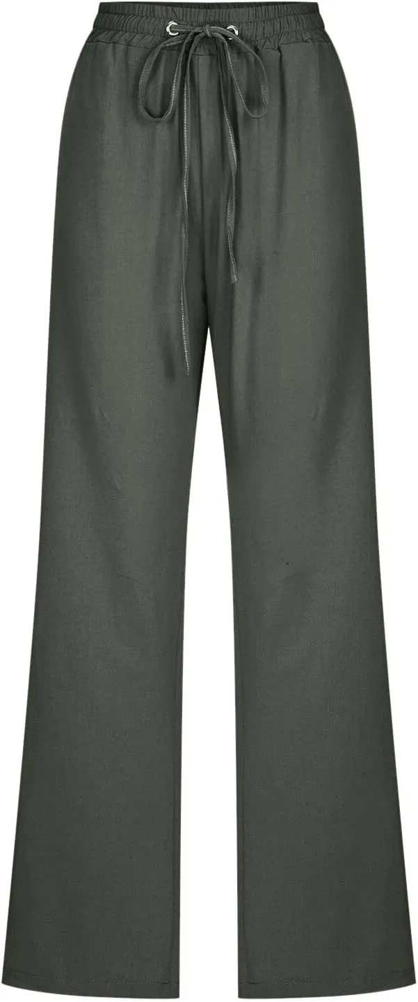 Straight Leg Pants For Women Long Cotton Linen Trouser Elastic High Waist Drawstring Loose Fit Palazzo Sweatpants