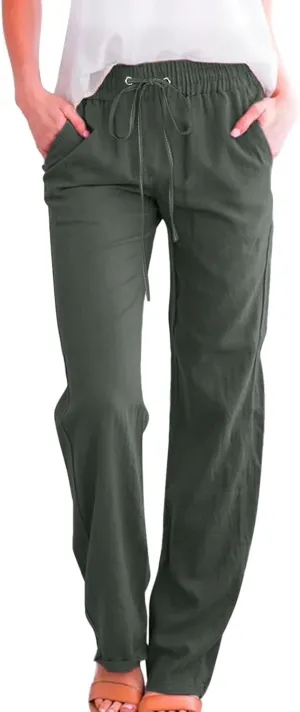 Straight Leg Pants For Women Long Cotton Linen Trouser Elastic High Waist Drawstring Loose Fit Palazzo Sweatpants