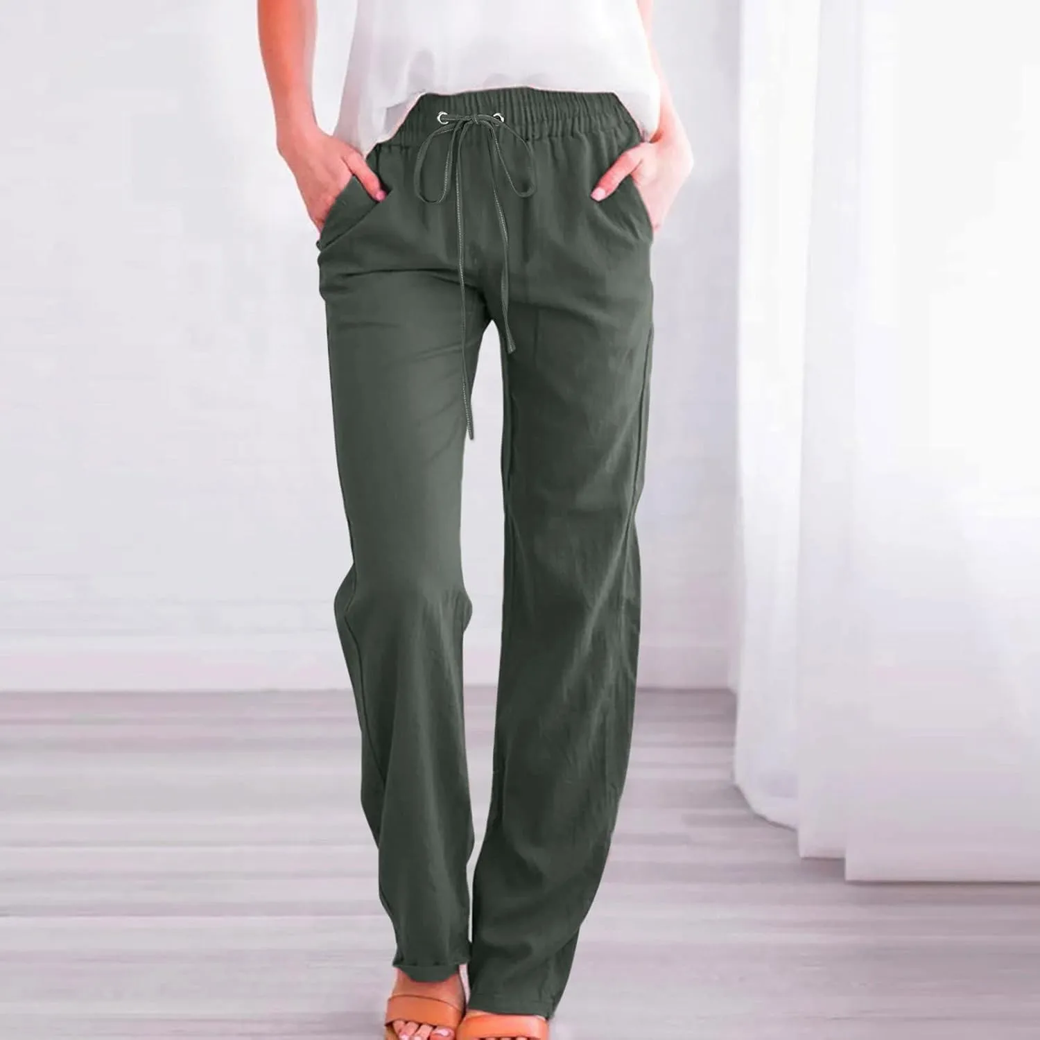Straight Leg Pants For Women Long Cotton Linen Trouser Elastic High Waist Drawstring Loose Fit Palazzo Sweatpants