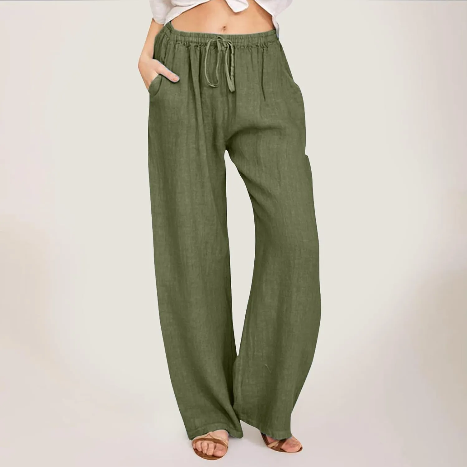 Summer Linen Pants For Women 2024 Summer Wide Leg Casual Palazzo Pants Drawstring Lounge Trousers Baggy Sweatpants