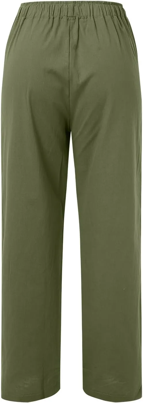 Summer Linen Pants For Women 2024 Summer Wide Leg Casual Palazzo Pants Drawstring Lounge Trousers Baggy Sweatpants