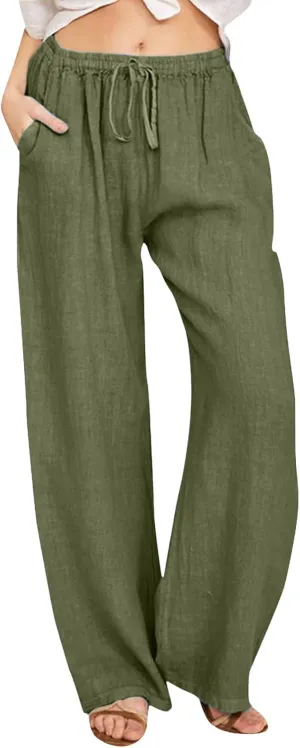 Summer Linen Pants For Women 2024 Summer Wide Leg Casual Palazzo Pants Drawstring Lounge Trousers Baggy Sweatpants