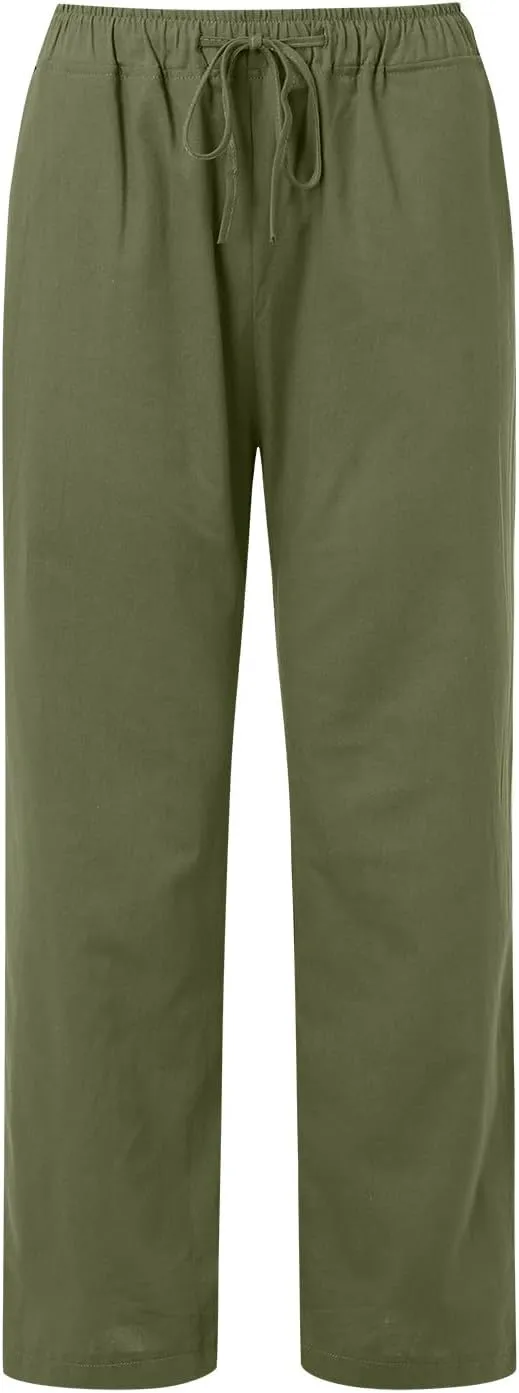 Summer Linen Pants For Women 2024 Summer Wide Leg Casual Palazzo Pants Drawstring Lounge Trousers Baggy Sweatpants
