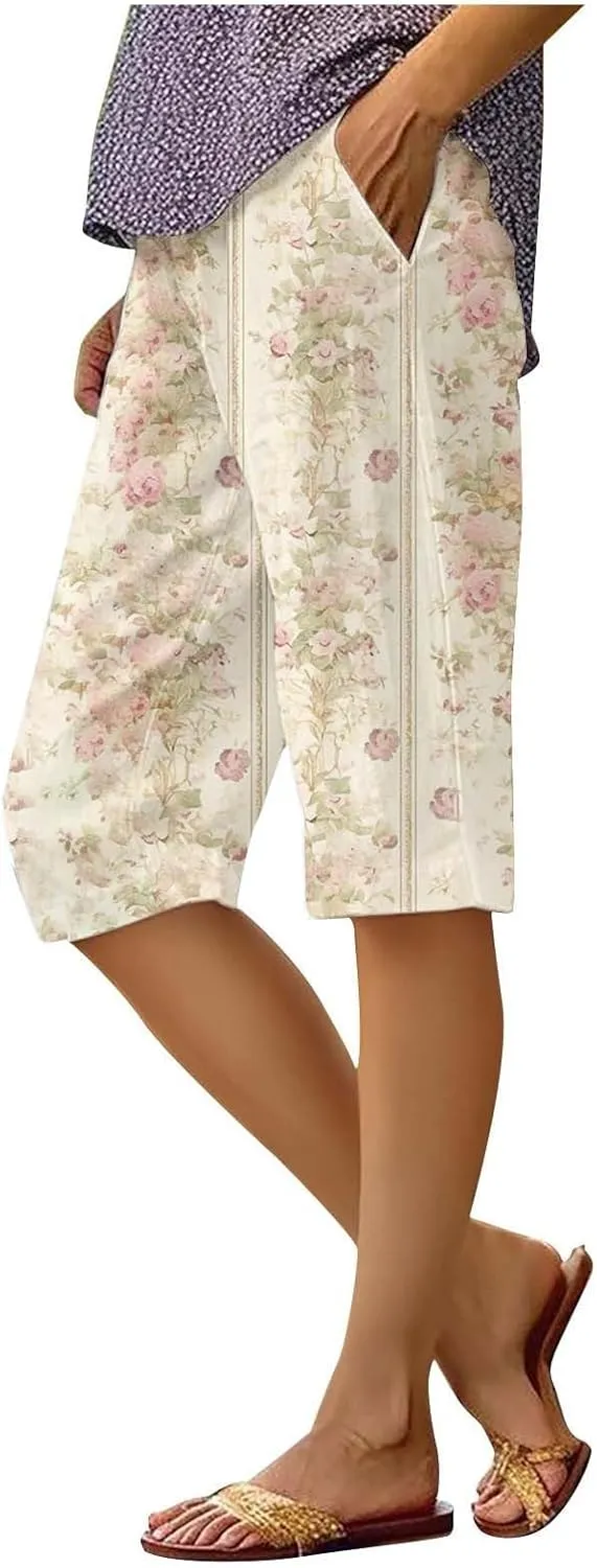 Women Casual Linen Shorts Casual Drawstring Comfy Elastic Waist Wide Leg Shorts Summer Pull On with Pockets