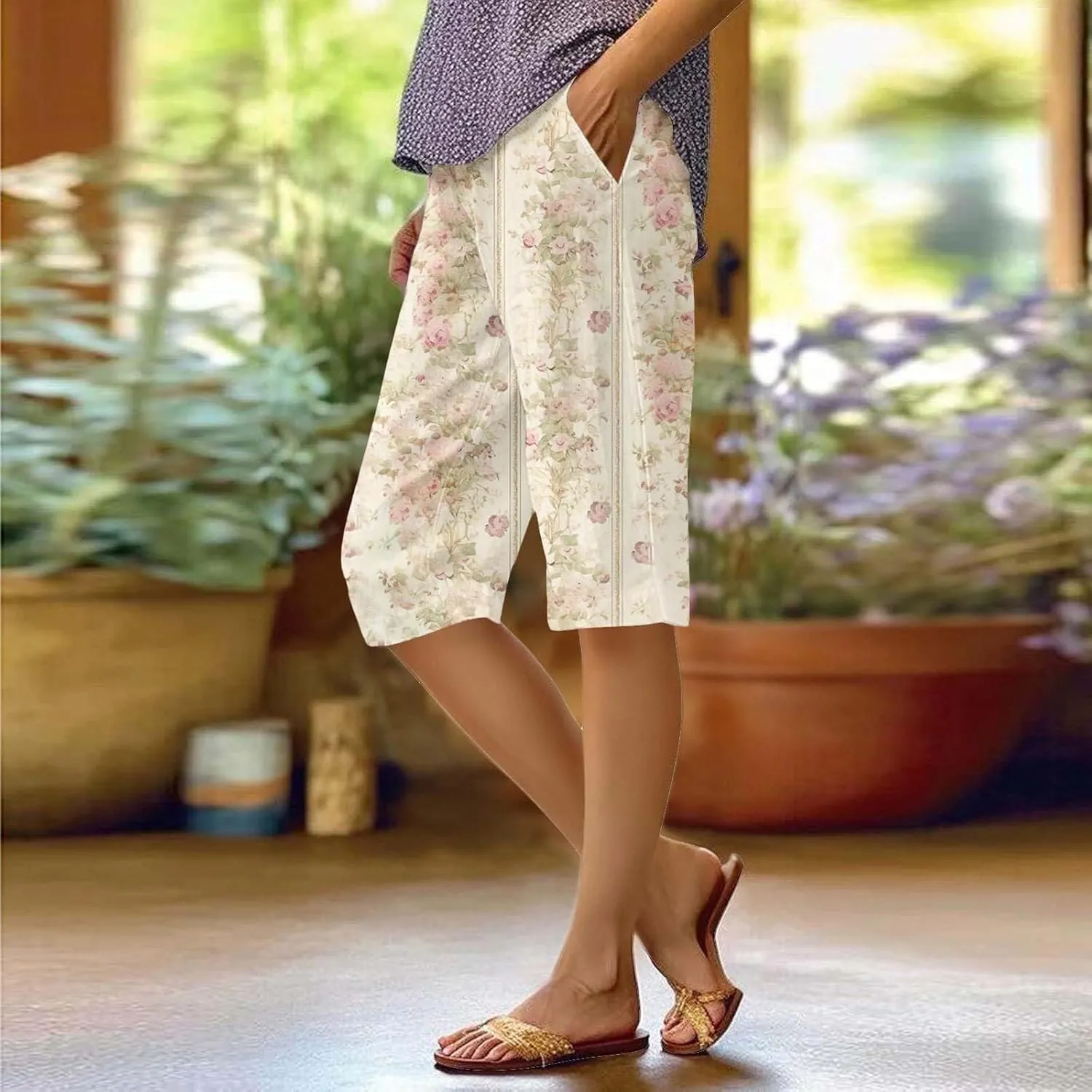 Women Casual Linen Shorts Casual Drawstring Comfy Elastic Waist Wide Leg Shorts Summer Pull On with Pockets