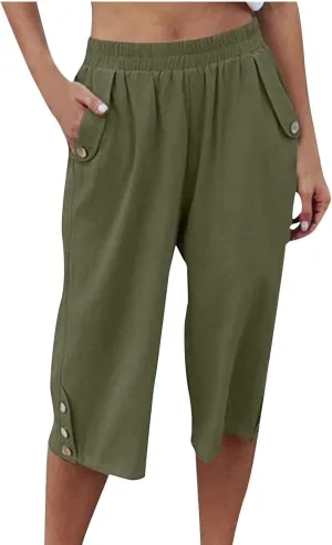 Womens Capri Pants Casual Bermuda Linen Cropped Pants Elastic Waist 3/4 Wide Leg Summer Trousers with Pockets