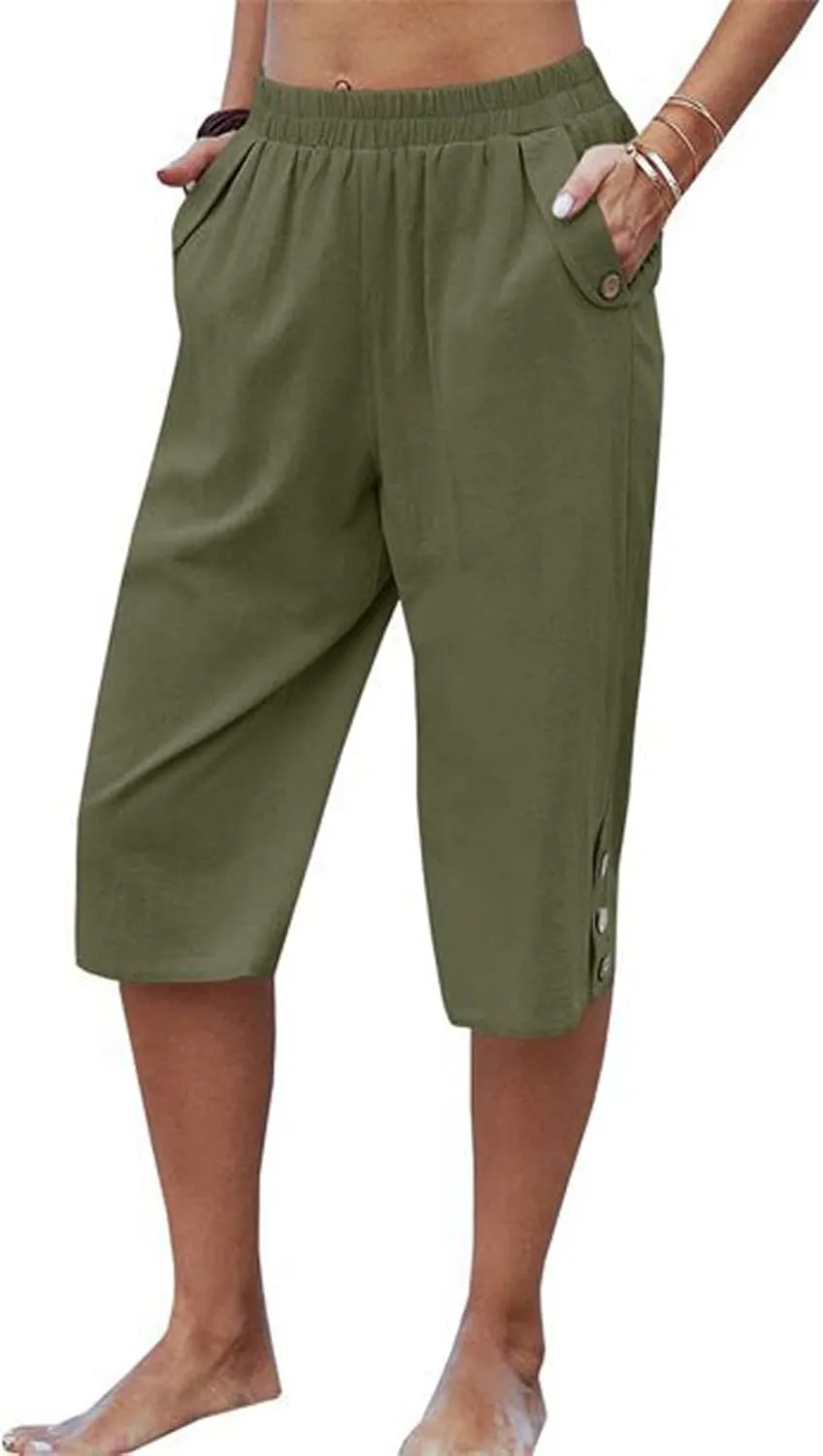 Womens Capri Pants Casual Bermuda Linen Cropped Pants Elastic Waist 3/4 Wide Leg Summer Trousers with Pockets