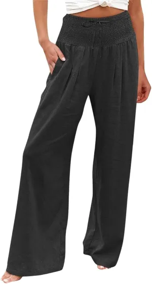 ZWRXW Women Linen Palazzo Pants Summer Wide Leg Pants Bow-Knot High Waisted Casual Lounge Pant Lightweight Beach Trousers