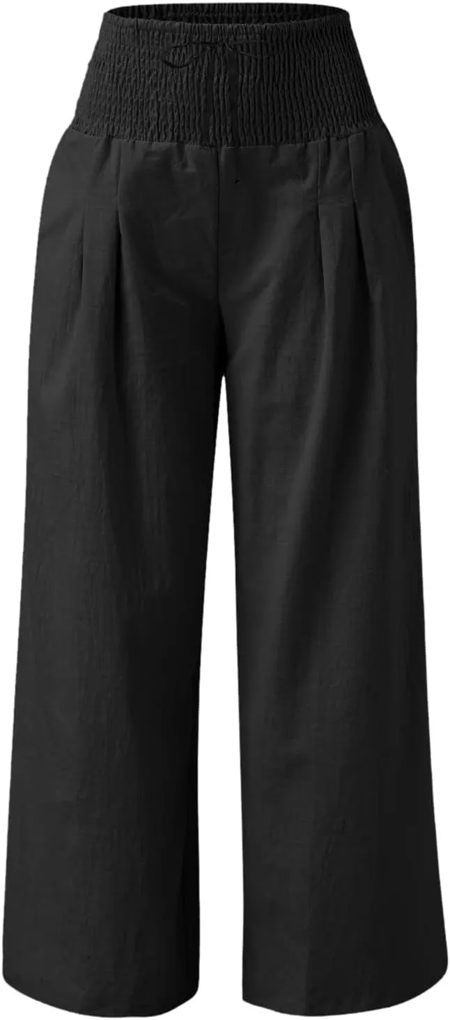 ZWRXW Women Linen Palazzo Pants Summer Wide Leg Pants Bow-Knot High Waisted Casual Lounge Pant Lightweight Beach Trousers